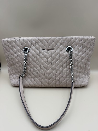 Karl Lagerfeld Paris Quilted Leather Tote Bag Chain Shoulder Purse Beige