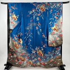 Woman Japanese Kimono Furisode Silk Butterfly Flower Gold Thread Blue 162cm