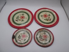 4 Vtg Tin Childrens Play Kitchen Plates, Red  Green w/ Floral Design 2 Sizes