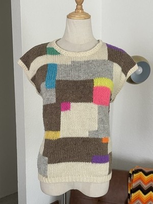 Vintage 1980s ESPRIT Retro Grandma Colorblock Knit Vest Large Cream Tan
