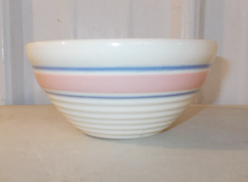 Vintage Primitive Crock Mixing Bowl 2 Blue Rings 1 Mauve/Pink Ring ? MCCOY
