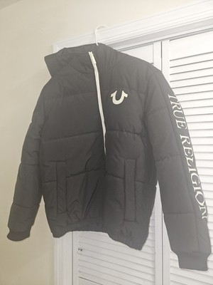 True Religion Men Panel Puffer Black Jacket Hoodie size Lg