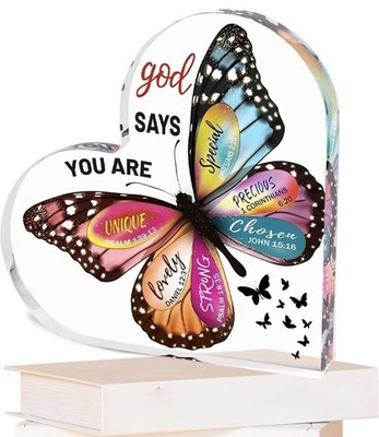 Acryl Herz Deko  Gott sagt, du bist   Geschenk Bibelverse Schmetterling
