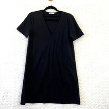 Zara Dress Womens Medium Black Pullover V Neck Short Sleeve Shift Shirt Basic 
