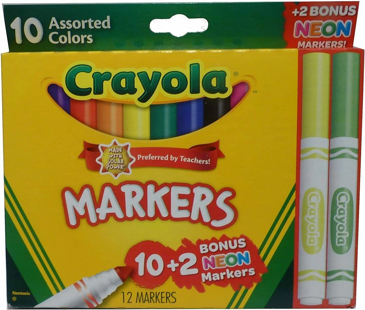 Crayola Markers 10 Assorted Colors + 2 Bonus Neon Yellow & Glowing Green: 5  Pack