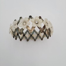 Vintage 1950's / 60's Gold Tone White Floral Rhinestone Hair Bun Ponytail Holder
