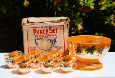 Anchor Hocking Fire King Peach Ivy Leaf Luster 14pc with Box Punch Bowl Cup Base