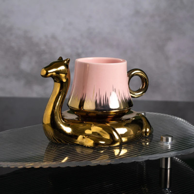 Luxe Cafe Tea Cup Saucer Set Elegant Camel Ceramic Mug Coffee Latte Milk Gift
