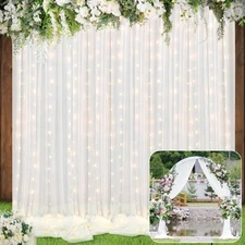 BBTO 2 Panels White Tulle Backdrop Curtain with Lights String for Parties Wed...