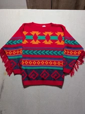 Wild Vintage 90s Sostanza Women's Size Medium Aztec Fringed Sleeve Sweater Red 