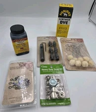 Lot- Leather Crafting Tools & Supplies -wool dauber, punch set, dye, line snaps.