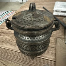 Vtg Cast Iron Fire Starter Smudge Pot Cauldron w/ Brass Lid