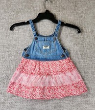 OshKosh Bgosh Overall Dress Girls 18M Blue Denim Bib Pink Tiered Floral Skirt