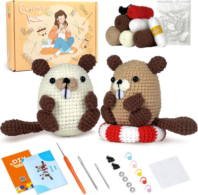 Christmas Crochet Kit for Beginners, 2PCS Beaver Crochet Animal Kit, Knitting Ki