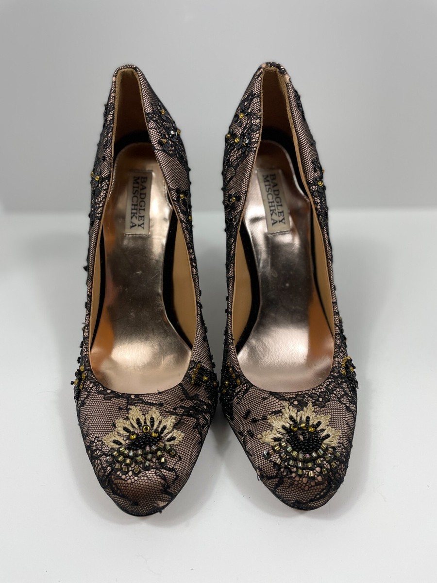 Badgley Mischka Sanoma Black Nude Bead Embellished Lace Pumps Heels - Size 10 View 3