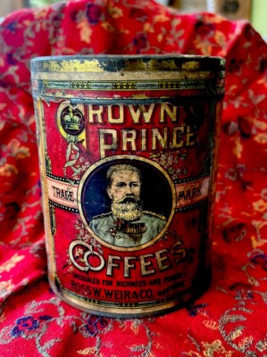 *RARE*ANTIQUE CROWN PRINCE COFFEE TIN~ROSS W. WEIR & Co. New York**PAPER LABEL**