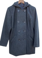 Pea Coat Fitz Wright Womens 10 Dark Grey Double Breasted Hood 6 Pockets