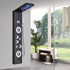 LED Matte Black Shower Panel Tower System Rain&Waterfall Massage Jet Tub Tap