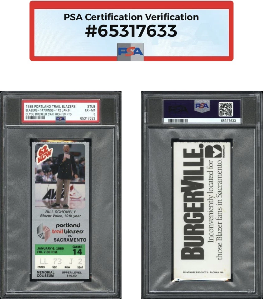 CLYDE DREXLER CAREER HIGH 50 POINT GAME TICKET STUB 1989 PORTLAND 1/6 POP1 PSA 6 - Image 2 of 4