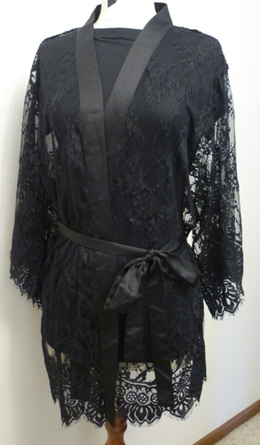 HANKY PANKY LACEY 3/4 SLEEVE LADIES BLACK KIMONO/ROBE - SIZE L - LIKE NEW - Picture 2 of 5