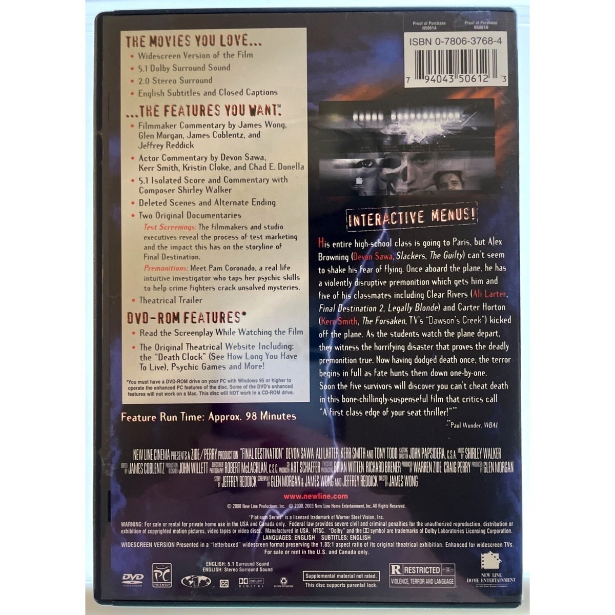 Final Destination Movie DVD 2000 with Devon Sawa Ali Larter and