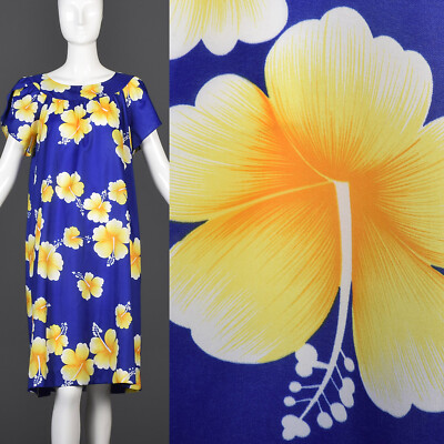 M 1970s Hilo Hattie Hawaiian Dress Blue Tiki Beach Summer Cover Up 70s VTG  | eBay