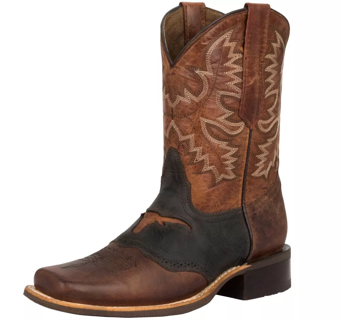 Mens Western Cowboy Boots Cognac Longhorn Design Leather Square