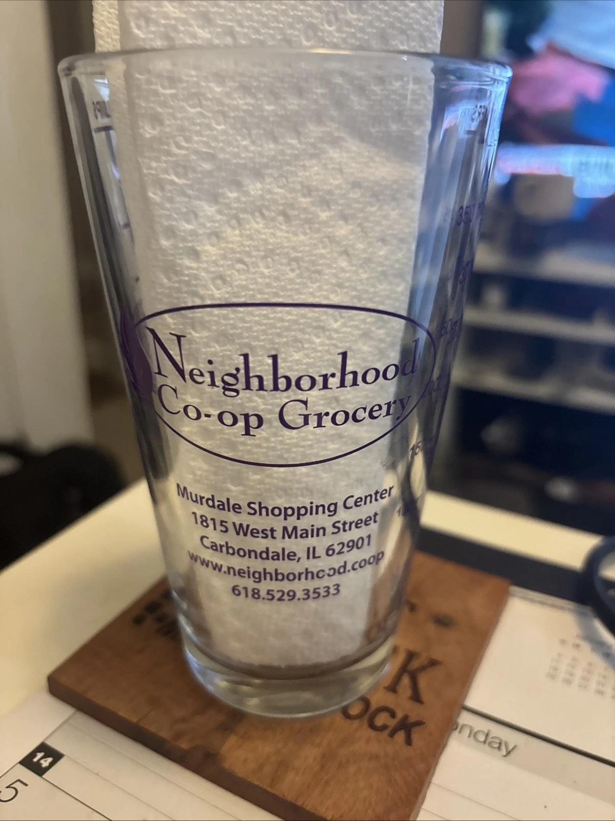 Neighborhood Co-Op Grocery Measuring Pint Glass MM, Tablespoons, Cups, & Ounces