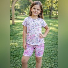 Athletic Works Girls Athletic Set Splatter Print Tee Biker Shorts Pockets L