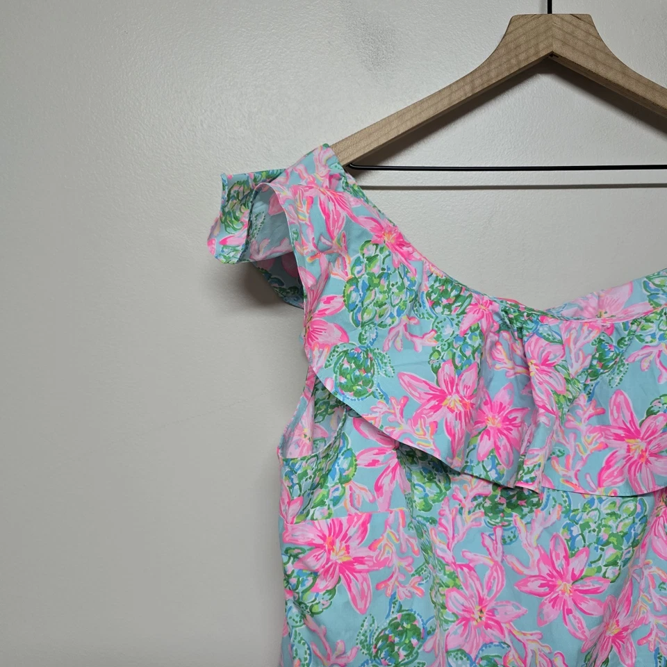 Top LILLY PULITZER Zeldie Un Hombro Volantes Azul Surf Tan Elegante Talla XL Foto 3 de 4