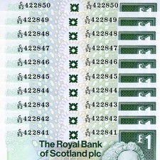 10 x Uncirculated Consecutive Last Royal Bank of Scotland �1 Notes of 1 Oct 2001