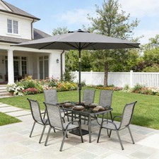 8-Piece Outdoor Patio Dining Set with Table Chairs Umbrella Black Gray