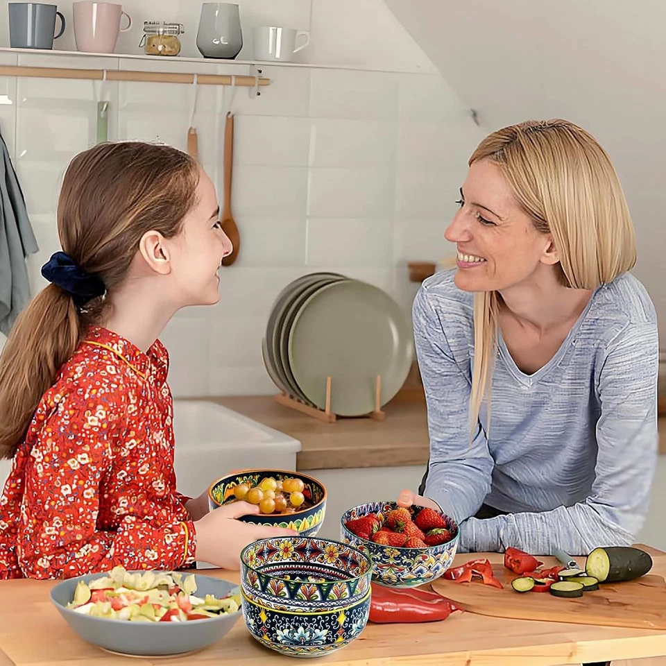 Juego de 6 cuencos de cereal de cerámica, tazón de sopa bohemio de 28 oz, juego de tazones coloridos para Foto 2 de 4