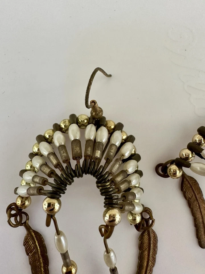 RARE* VTG Native American Beaded Headdress Dangle Earrings Gold Feathers Unique - Image 3 of 4