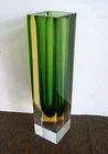 12" Vintage MCM Italy Murano Sommerso Green & Yellow Block Vase Flavio Poli