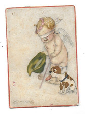 ancien chromo   H. 11,5 cms illustrateur Mauzan  l'amour est aveugle ! chien