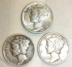 Lot of 3 US Mercury Dimes 90% Silver Circulated US Coins Vintage Winged Liberty