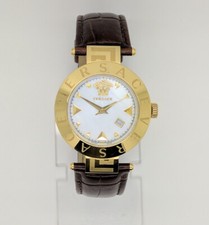 Versace Reve XLQ70D498S497 Gold Tone White MOP Dial Brown Leather Womens Watch