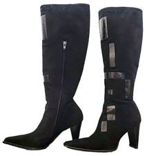 VINTAGE Lagerfeld Black Leather/Suede Heel Half Zip Pointy Boots 6.5 FRANCE