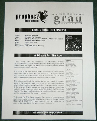 MOURNING BELOVETH A Disease for the Ages 2008 album Press Release Promo sheet