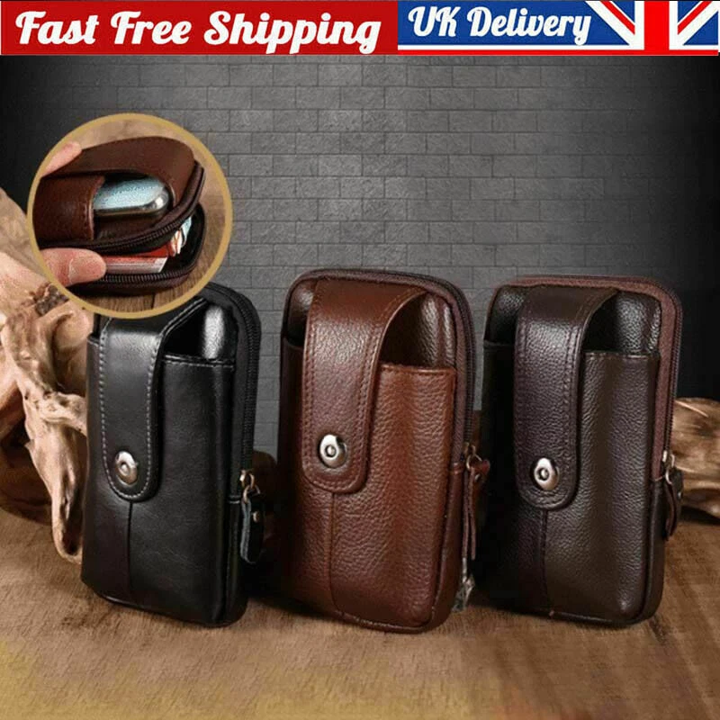 Men Genuine Leather Phone Pouch Belt Bag Waist Belt Wallet Pouch