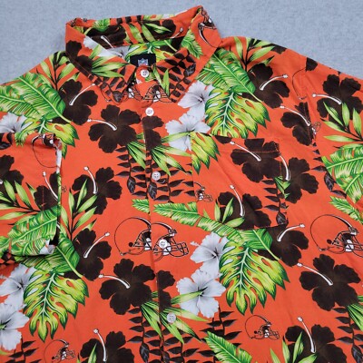 Cleveland Browns Shirt Men Large Orange Hawaiian NFL Logo All Over Print Camp