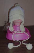 Baby Girl Vtg 1970s Yellow & White Winter Wool Hat Ear Flaps Pom Poms NOS
