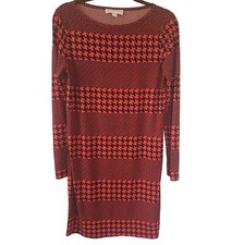 Michael Kors Red Black Herringbone Dress Midi Long Sleeve M Lightweight Stretch