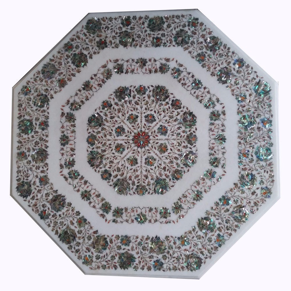 48-Inch Marble Table Top with Floral Semi-Precious Stone Inlay Design