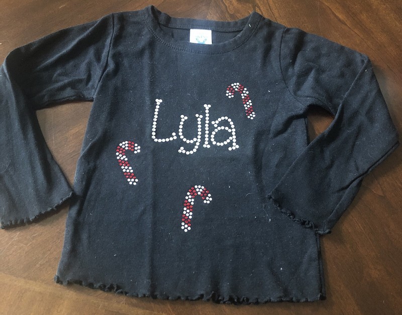 Christmas Candy Cane Long Sleeve Shirt “Lyla” Hand Made Black Size 4