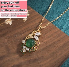Jade Crystal Pendant Necklace Charm 18K Gold Plated Chain Flower Dainty Gemstone