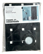 Shower Curtain Hookless - Uses No Hooks or Liner - White Squares on Black 71x74"