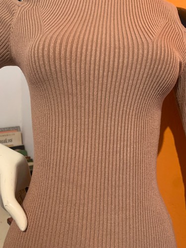 H&M Dress Size S 8-10 Brown Ribbed Stretch Long Sleeve Knit Bodycon Midi Casual - Picture 4 of 4