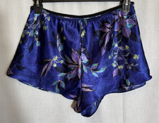 Vintage Women Sleep Shorts Boxers Purple Satin Floral Large Made in Hong Kong